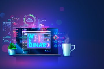 Futuristic webinar concept with AI, cloud computing, and data graphics displayed on a laptop screen, plant, and coffee cup nearby.